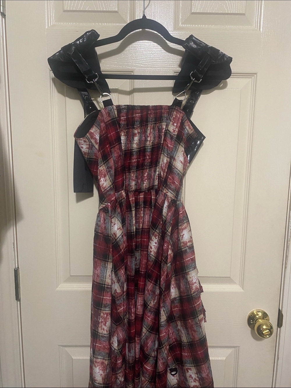Punk Rave Red Plaid Maxi Dress with Faux Leather Straps - Picture 2 of 4